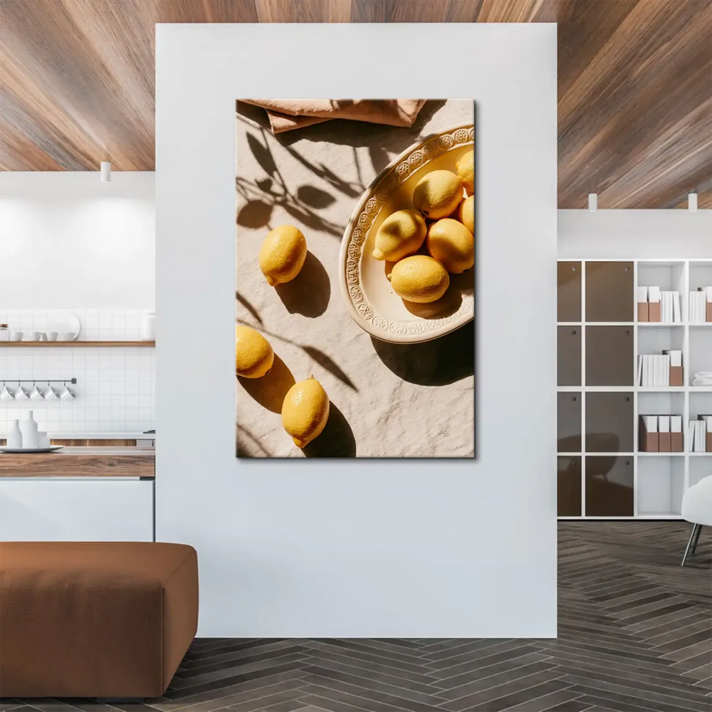 Warm yellow lemons with dramatic shadows in a minimalist farmhouse style wall art.