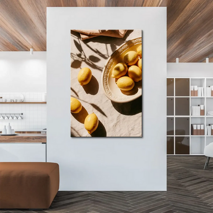 Warm yellow lemons with dramatic shadows in a minimalist farmhouse style wall art.