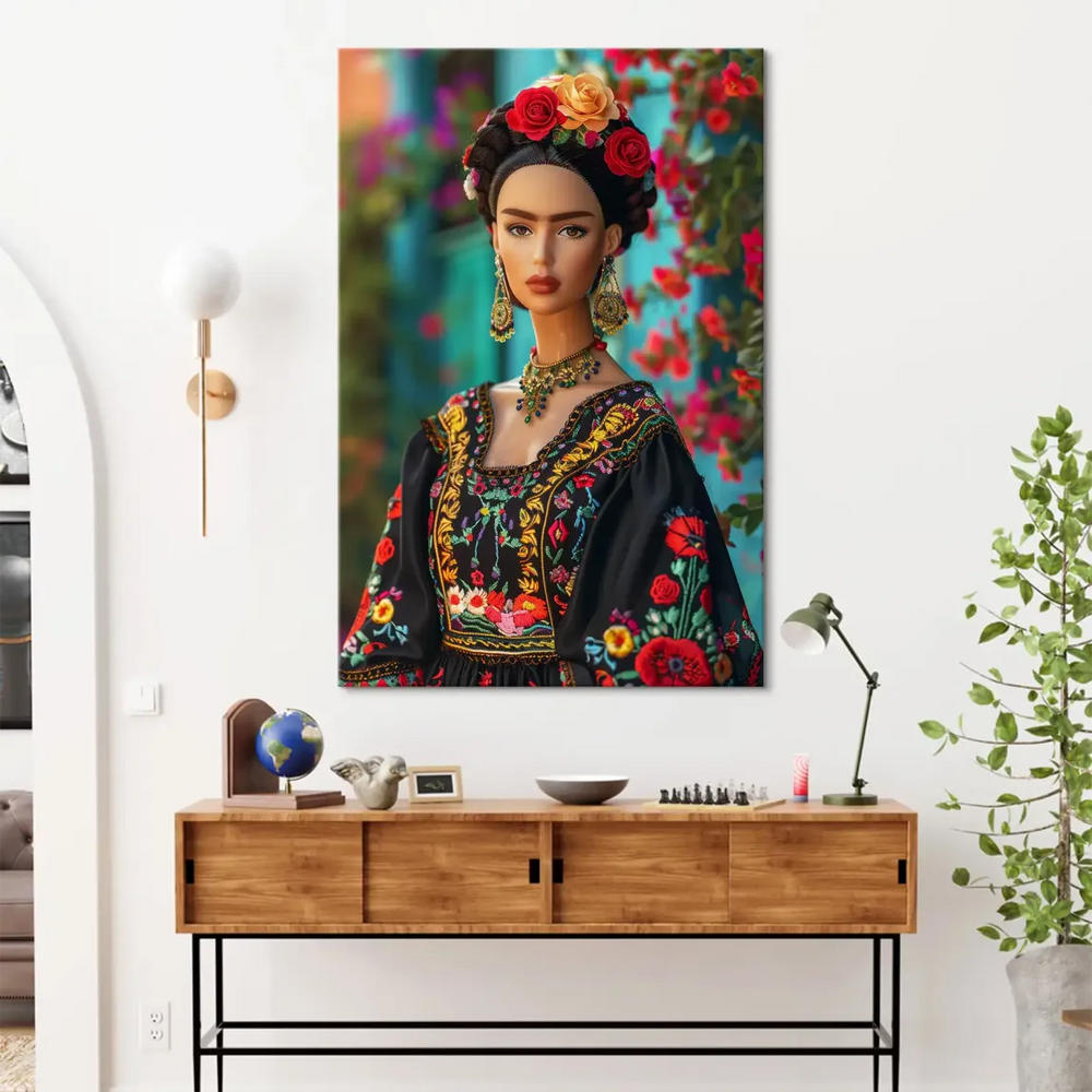 Close-up of colorful embroidery on Frida Barbie canvas featuring red, orange, pink, and green flowers.