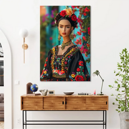 Close-up of colorful embroidery on Frida Barbie canvas featuring red, orange, pink, and green flowers.