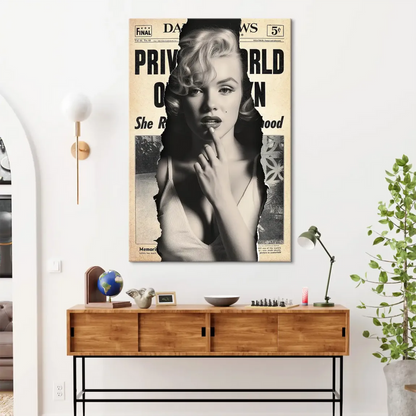 Vintage newspaper collage over a canvas forming a Marilyn Monroe portrait with warm tones