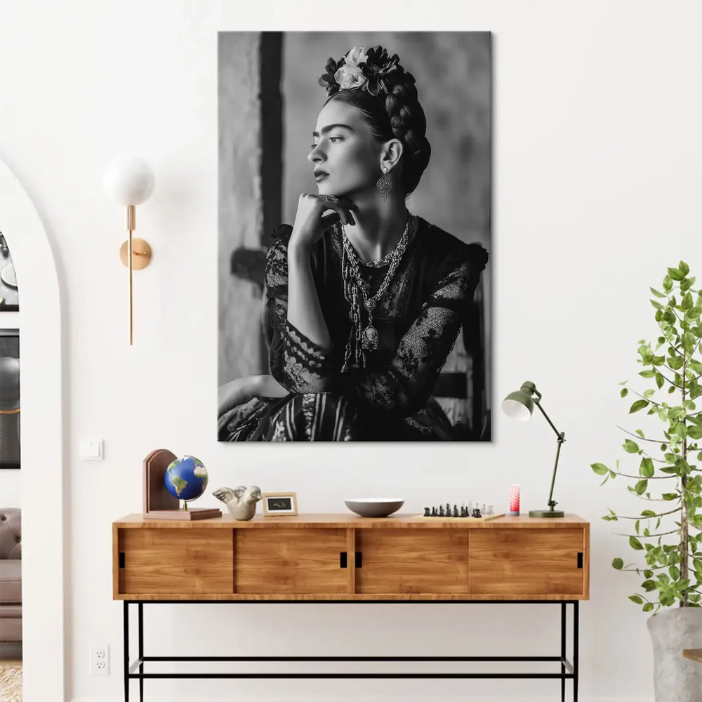 Portrait of a woman wearing traditional jewelry in a pensive pose.
