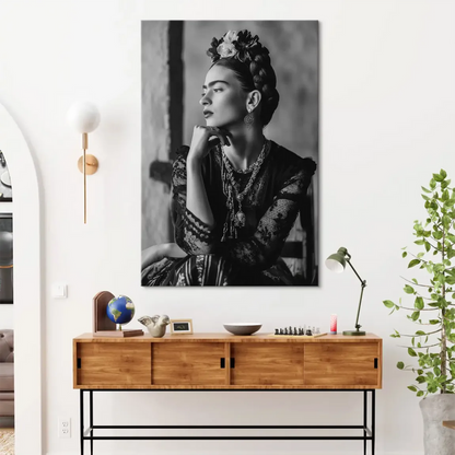 Portrait of a woman wearing traditional jewelry in a pensive pose.