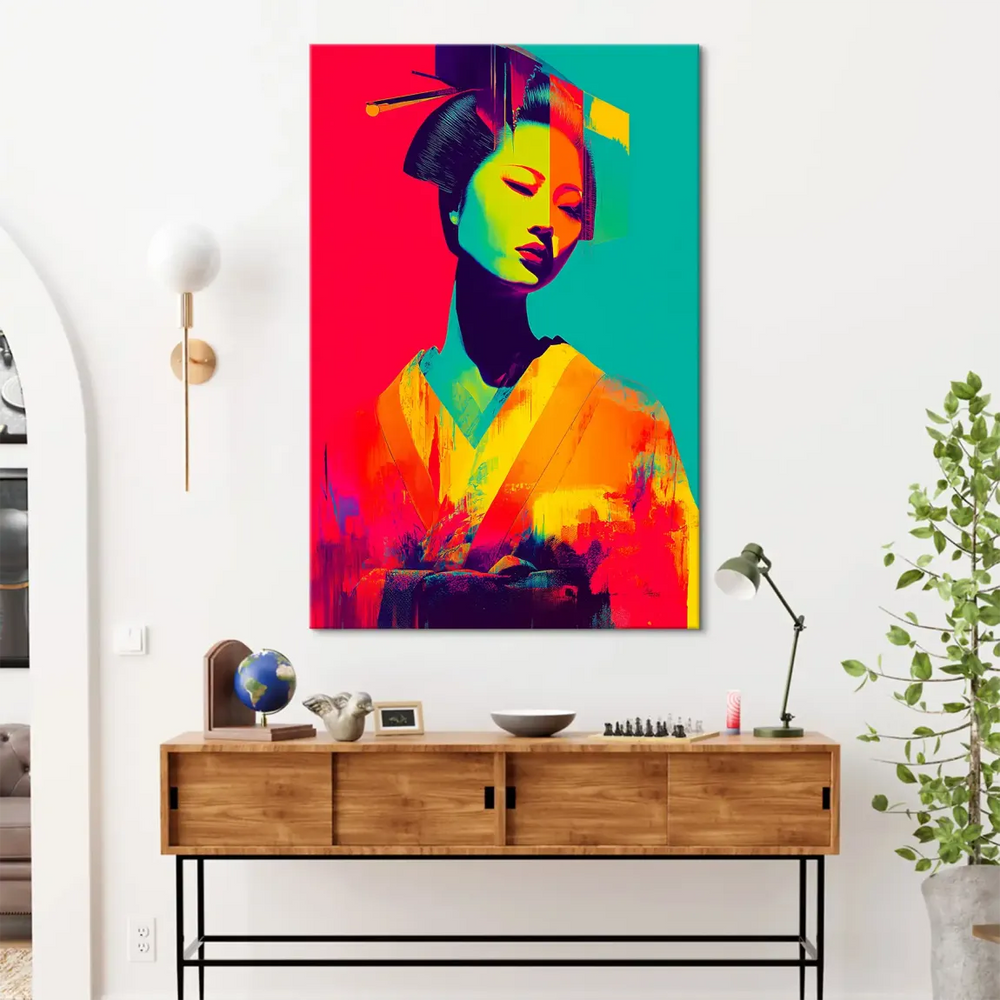 Geisha face drawn with graphic lines and painterly texture in bright colors.