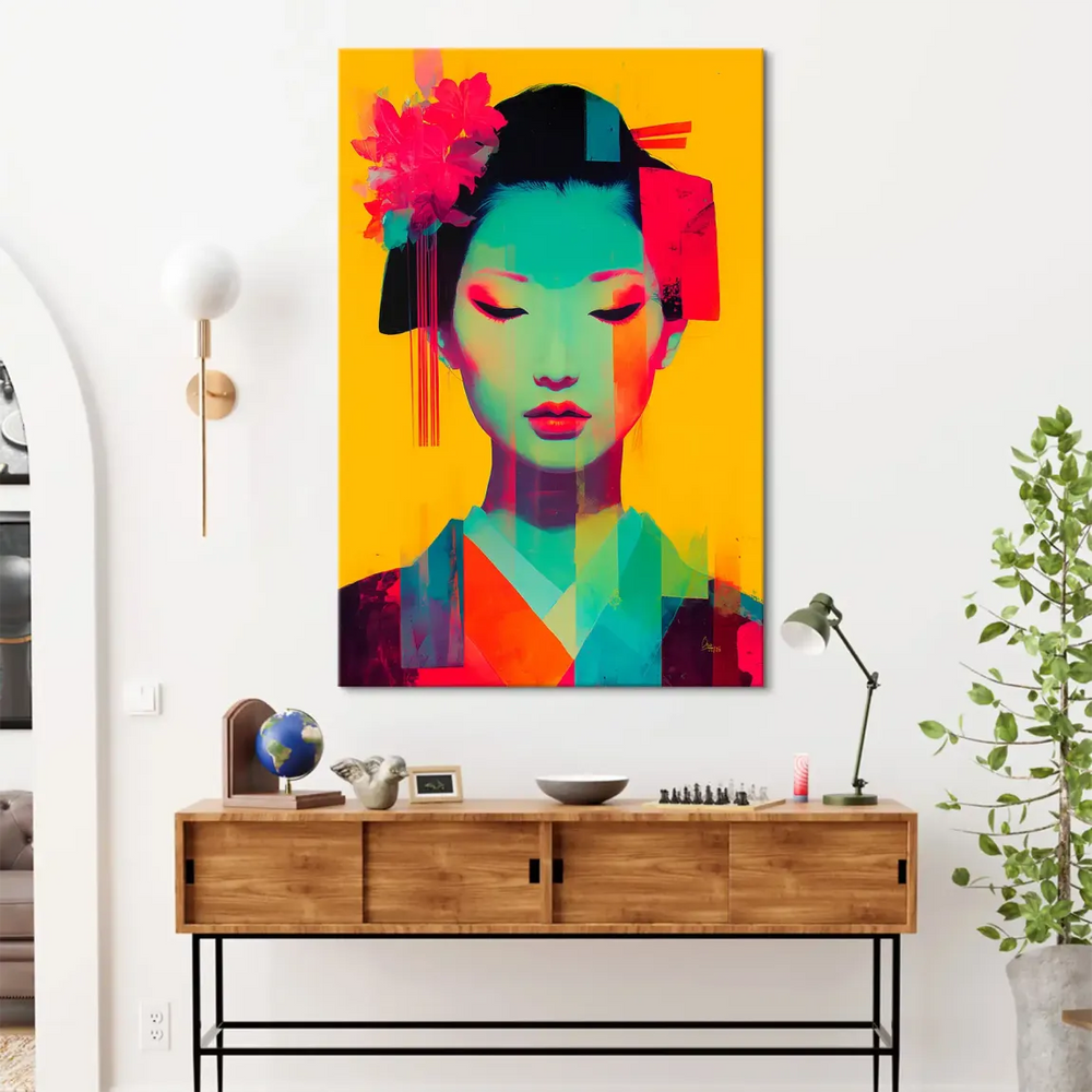 Vivid color-blocked Geisha artwork designed for modern interiors.