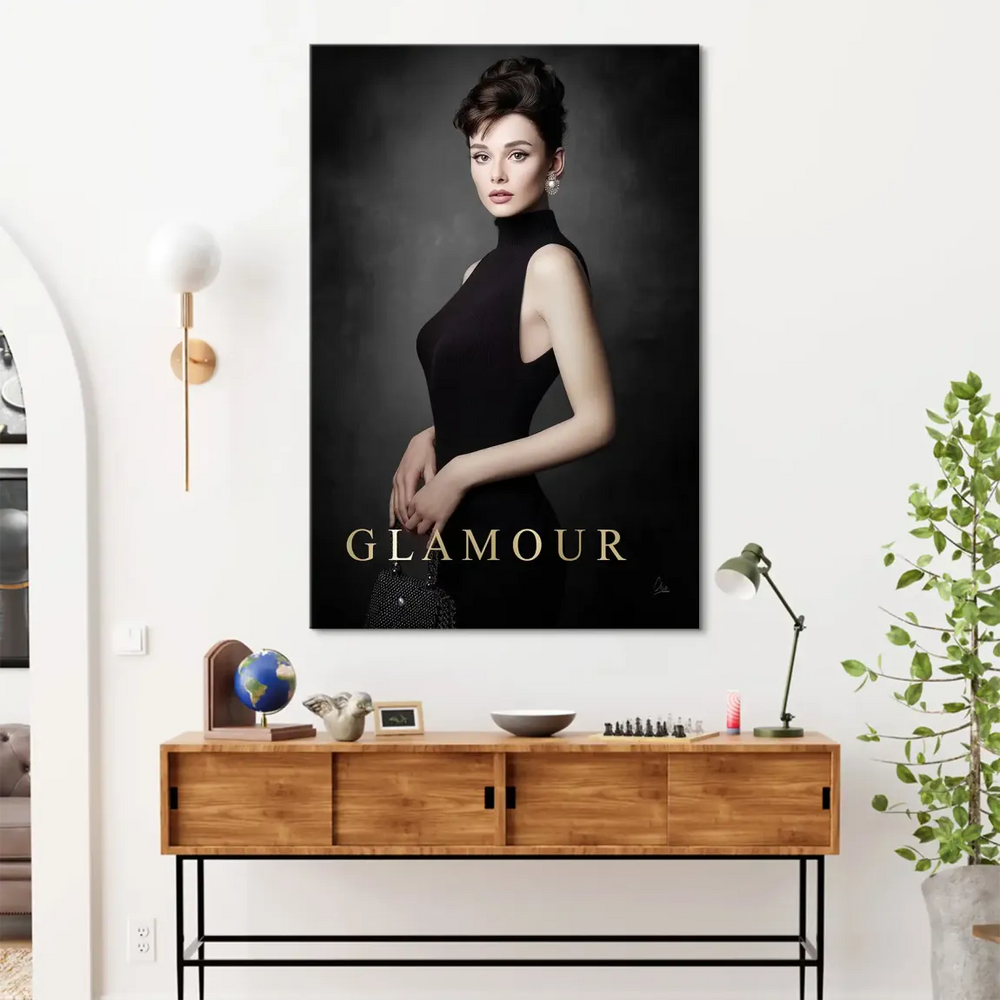 Gold GLAMOUR lettering anchors the bottom of the luxe canvas art