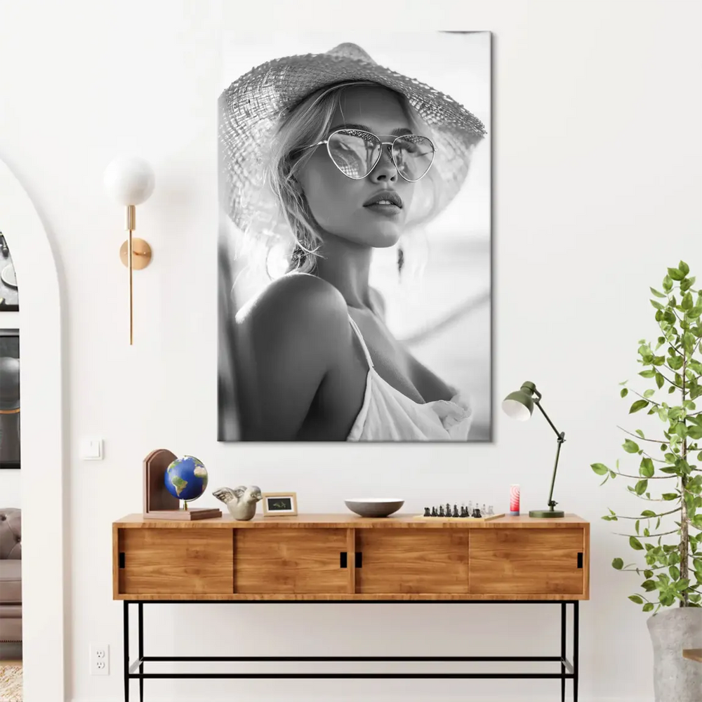 Summer Glam Noir Canvas Print - Chic Black & White Portrait in Fashion - Image 4