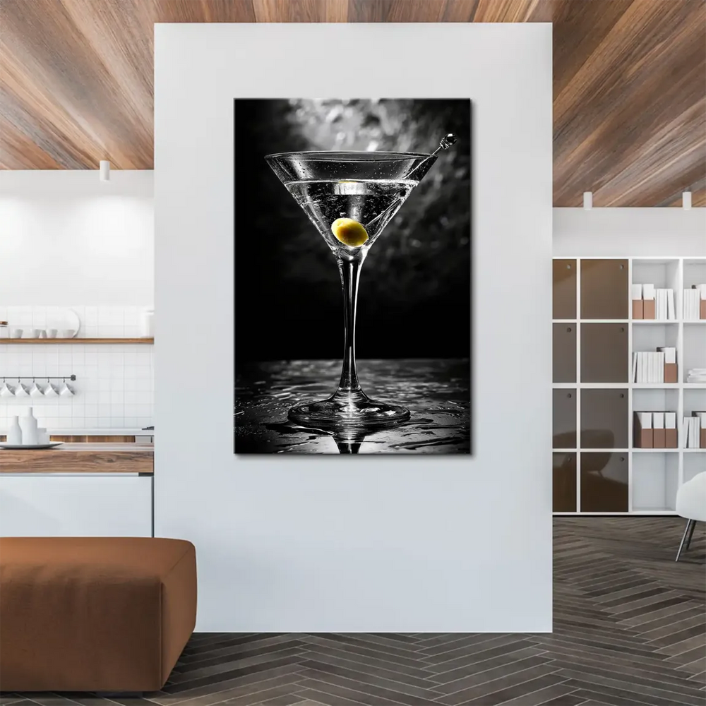 Monochrome martini glass with water droplets and reflective surface