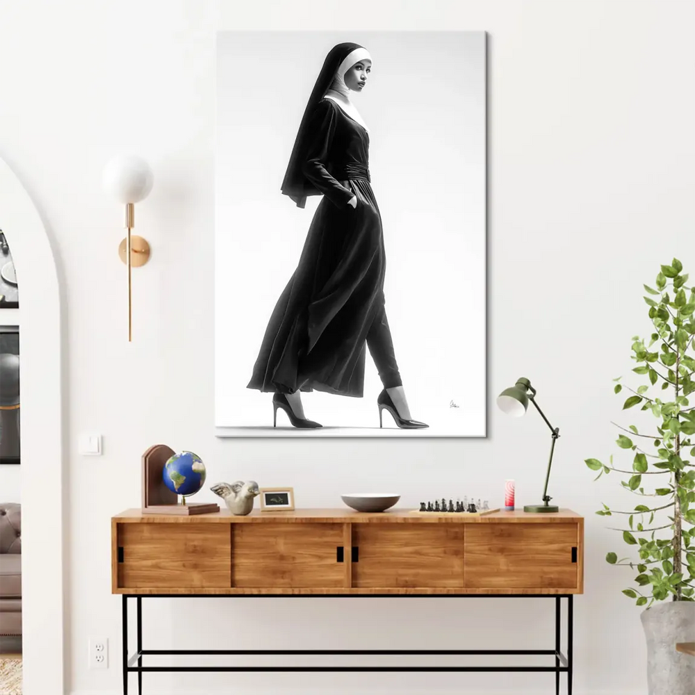 Nun wearing high heels and pockets-forward stance, exuding empowerment and mystery.