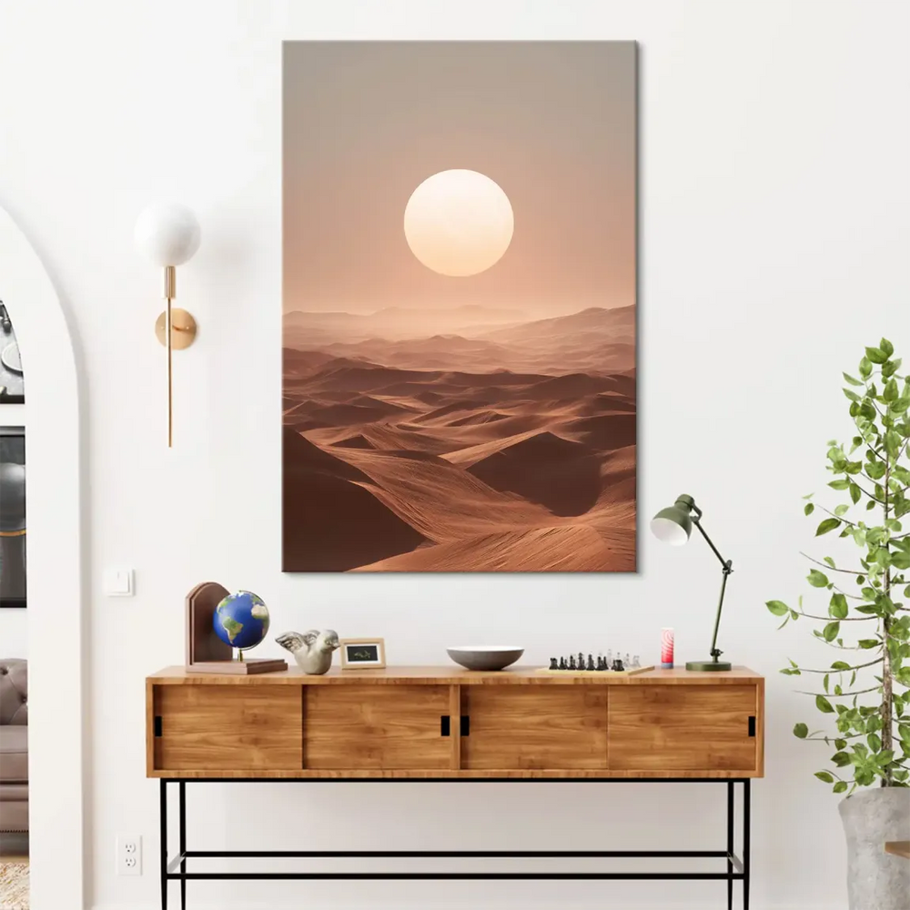 Terracotta and warm orange sand dunes undulating into the hazy distance.