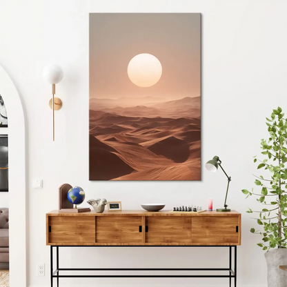 Terracotta and warm orange sand dunes undulating into the hazy distance.