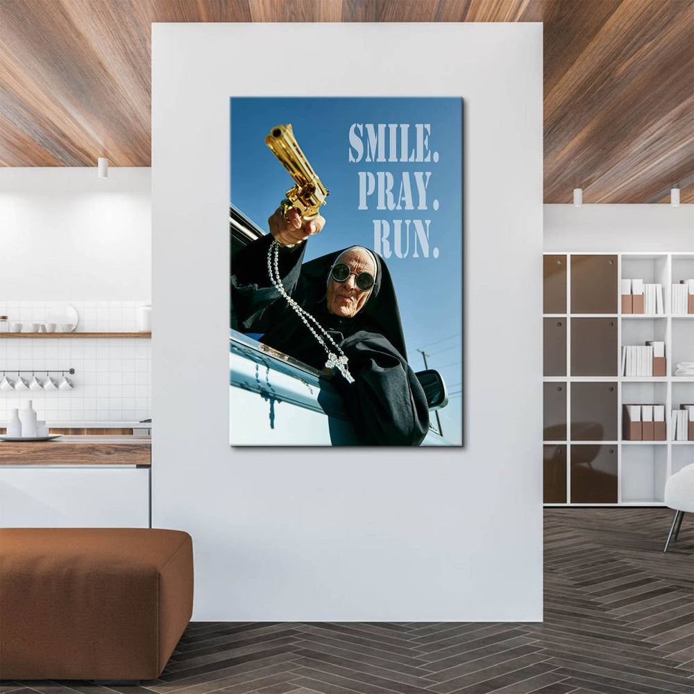 Stencil-style text 'SMILE. PRAY. RUN.' on a rebellious nun canvas art.