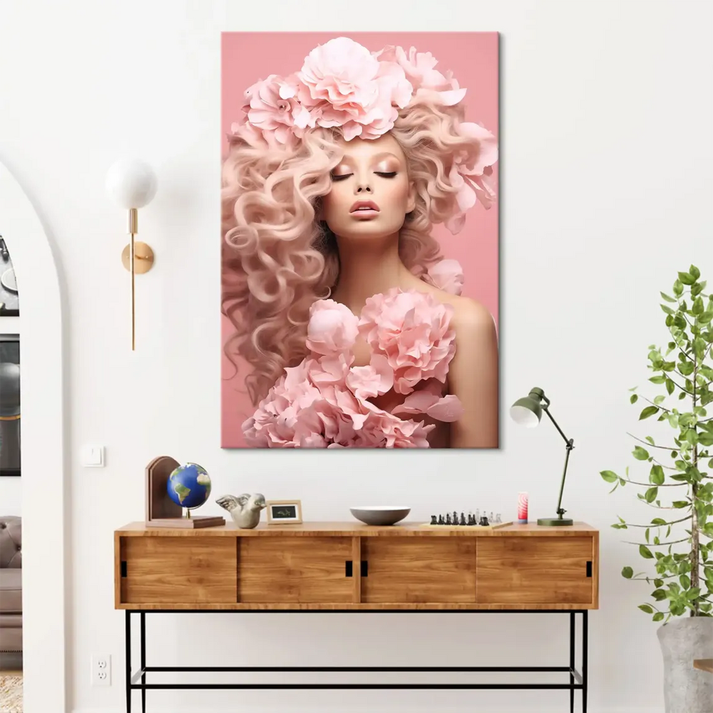 Dreamlike pink-toned portrait suitable for feminine bedroom decor.
