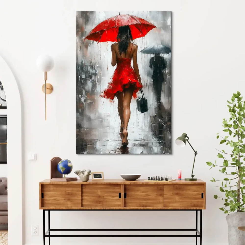 Back-view of a woman in a black dress under rain in an urban setting – contemporary canvas