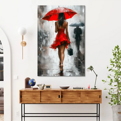 Back-view of a woman in a black dress under rain in an urban setting – contemporary canvas