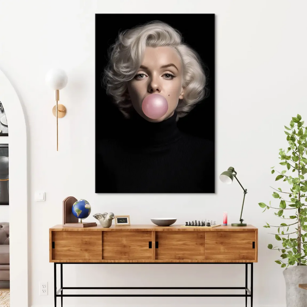 Chic black turtleneck in a high-contrast Hollywood glamour pop art portrait