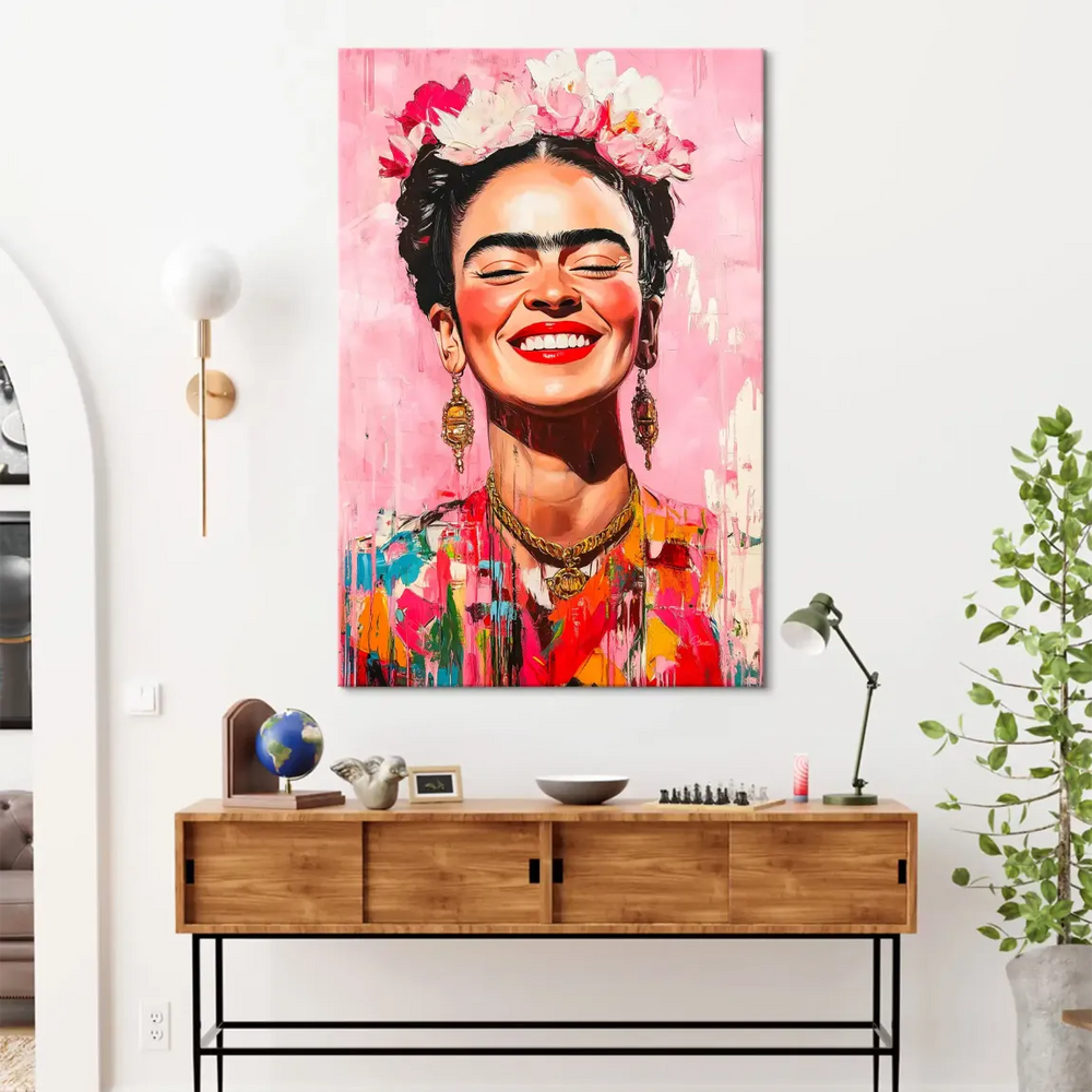 Joyful Frida Kahlo canvas portrait with closed-eye smile and colorful top