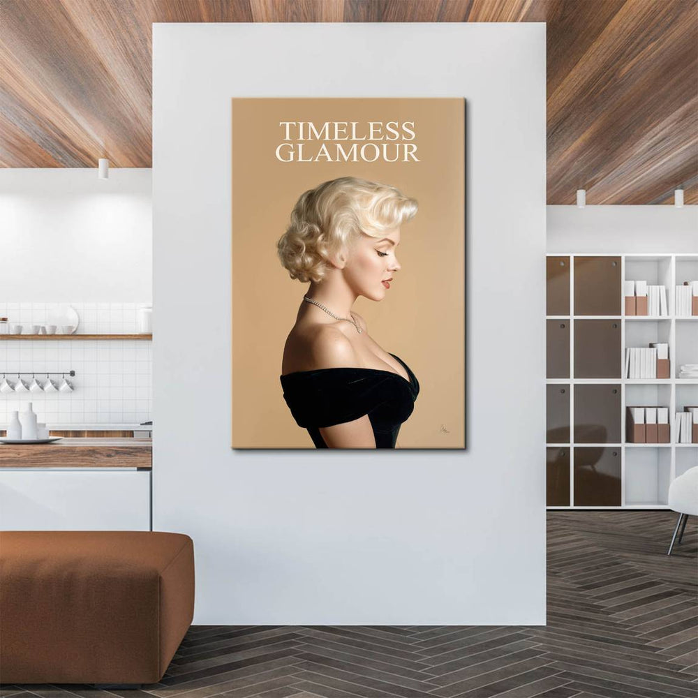Elegant black off-shoulder gown with a sparkling diamond necklace in a timeless glamour style