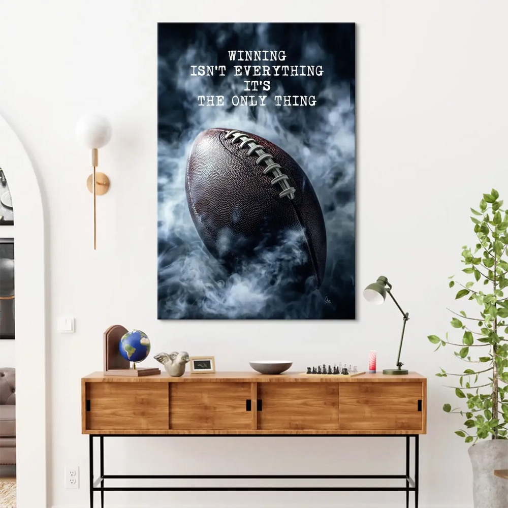 High-contrast wall art featuring football and slogan for contemporary decor