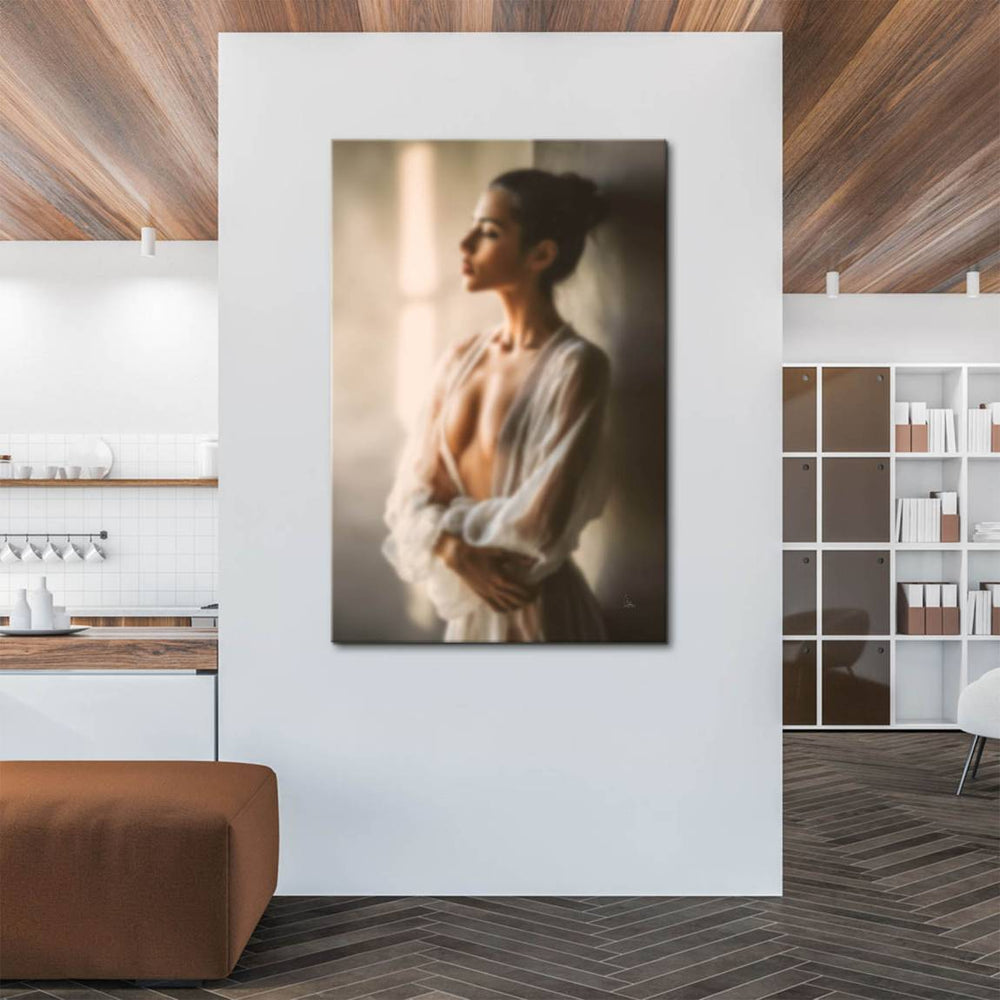 Profile view of a graceful woman with delicate fabric in a creamy beige palette.