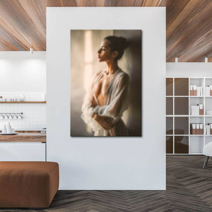 Profile view of a graceful woman with delicate fabric in a creamy beige palette.