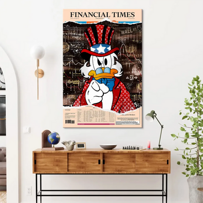 Bold wall art blending cartoon nostalgia with finance imagery and luxury motif accents on a canvas.