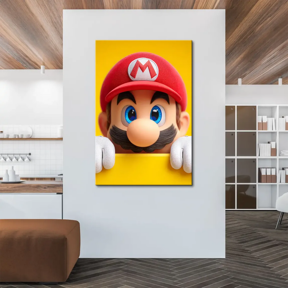 3D CGI-inspired wall art of Mario peeking from behind a yellow surface with a cheerful gaze.