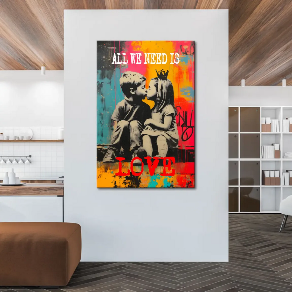 Bright distressed backdrop with bold colors surrounding a monochrome kissing scene on canvas