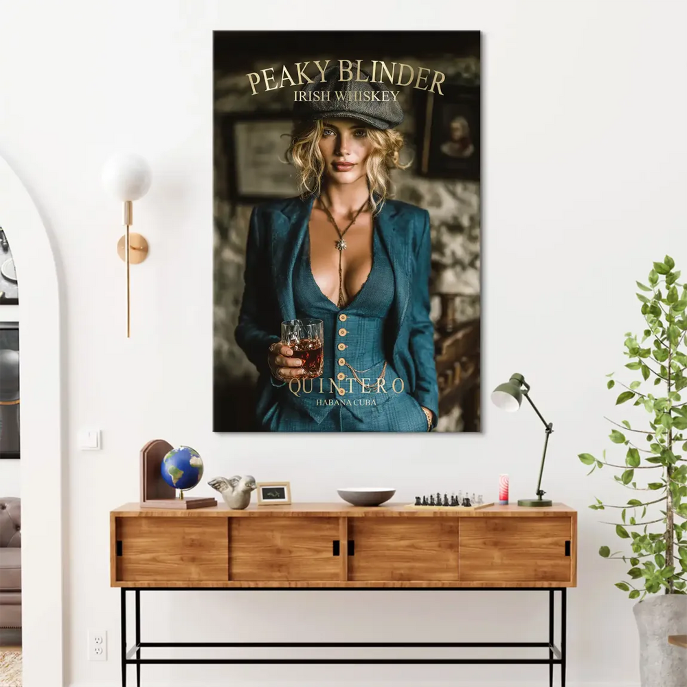 Edgy, glamorous character portrait suitable for home bar or den decor