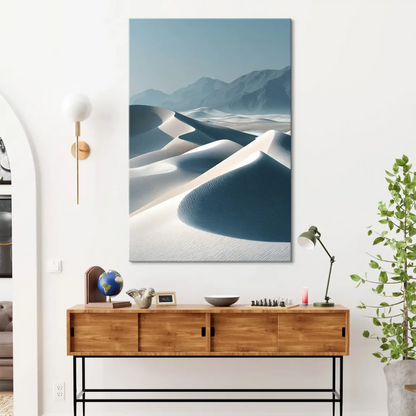 Calm desert scene with muted blues, greys, and beige sand on canvas