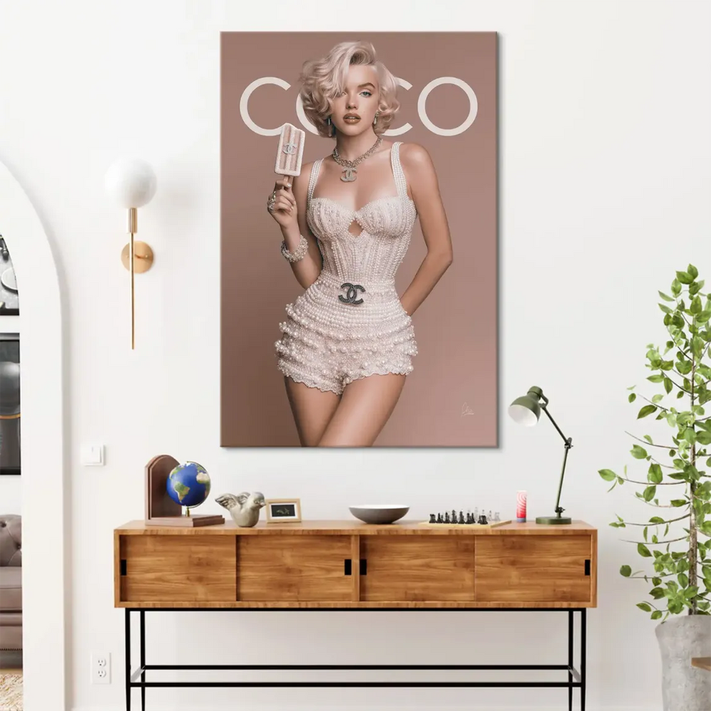 Chanel-inspired CC belt and matching jewelry on couture wall art