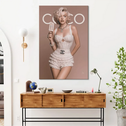 Chanel-inspired CC belt and matching jewelry on couture wall art