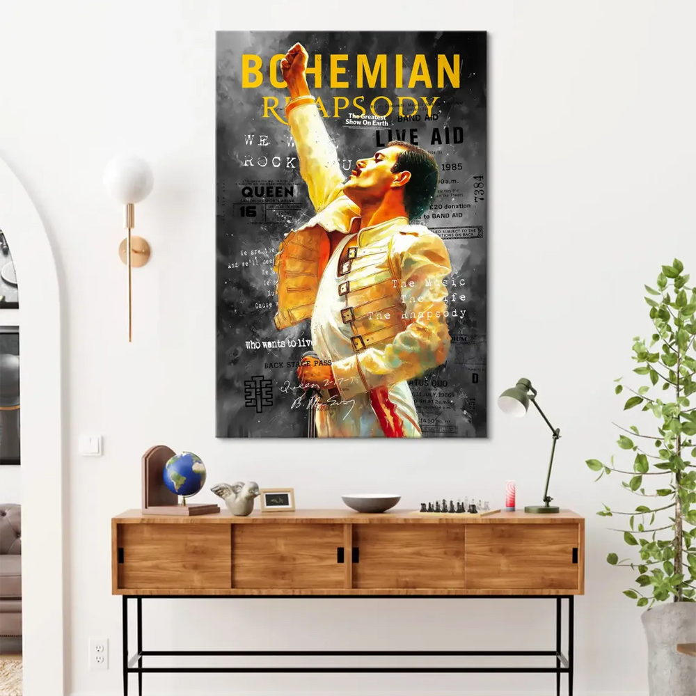 Rock history canvas decor featuring Freddie Mercury and nods to Bohemian Rhapsody and Live Aid.