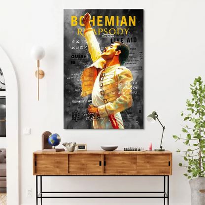 Rock history canvas decor featuring Freddie Mercury and nods to Bohemian Rhapsody and Live Aid.