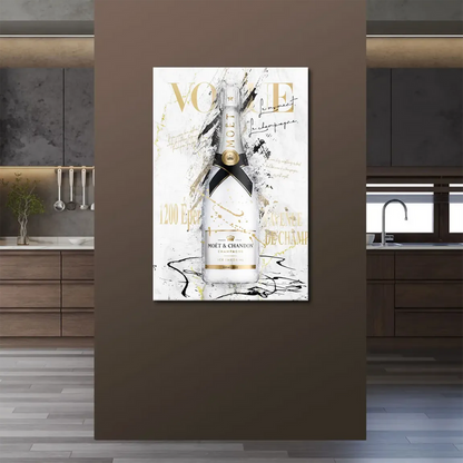 Contemporary wall art featuring champagne bottle, gold details, and splatter design