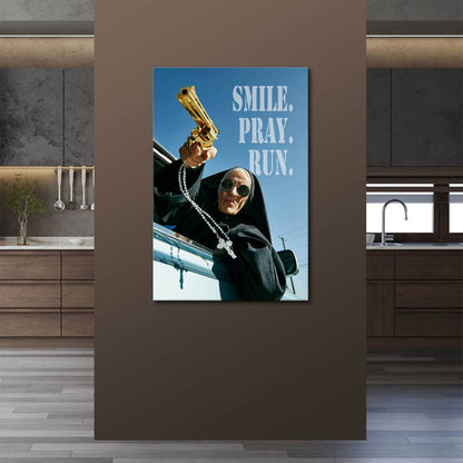 Low-angle view of a bold Rebel Nun wall art piece with high-contrast colors.