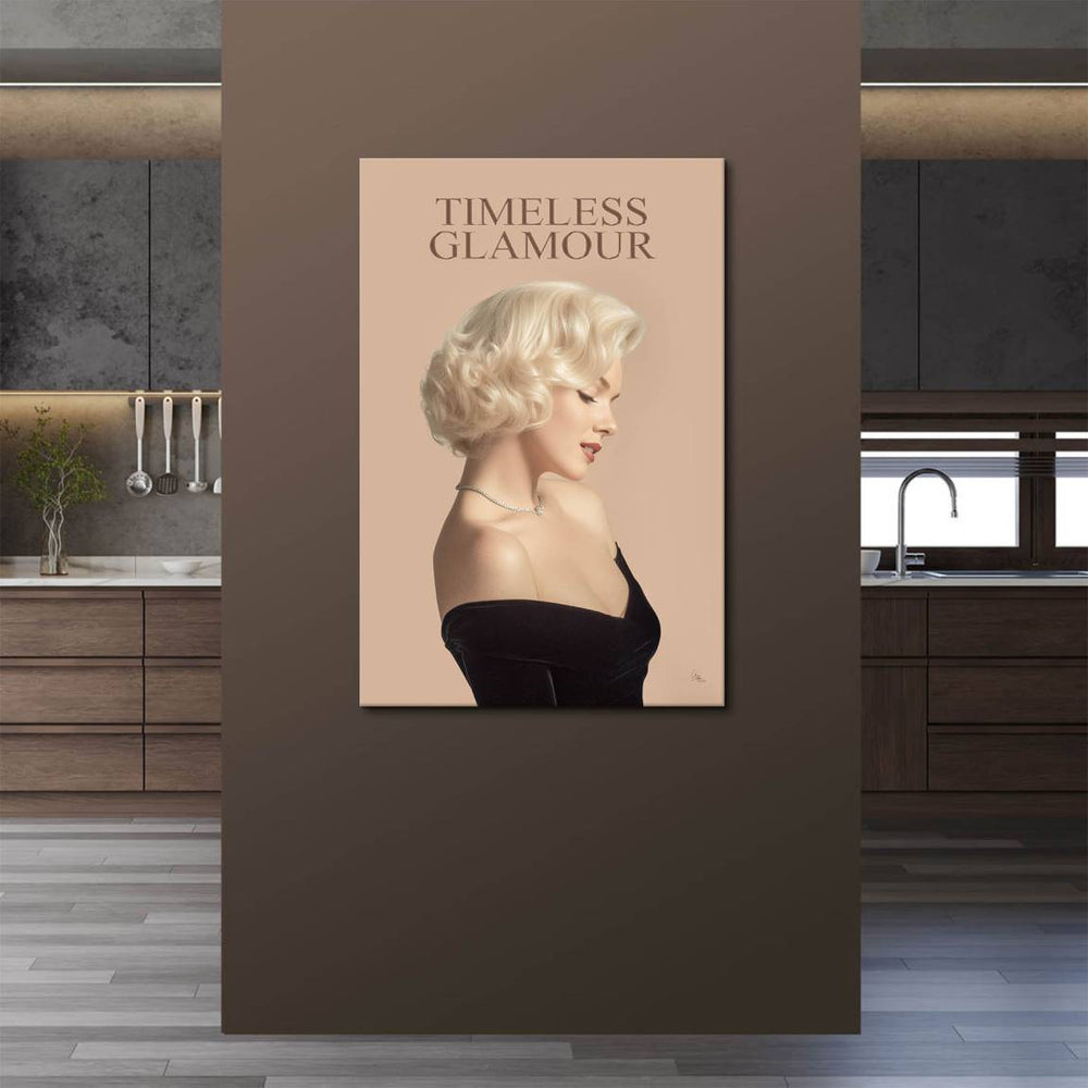 Soft peach-beige background with a serene gaze in a vintage Hollywood style portrait