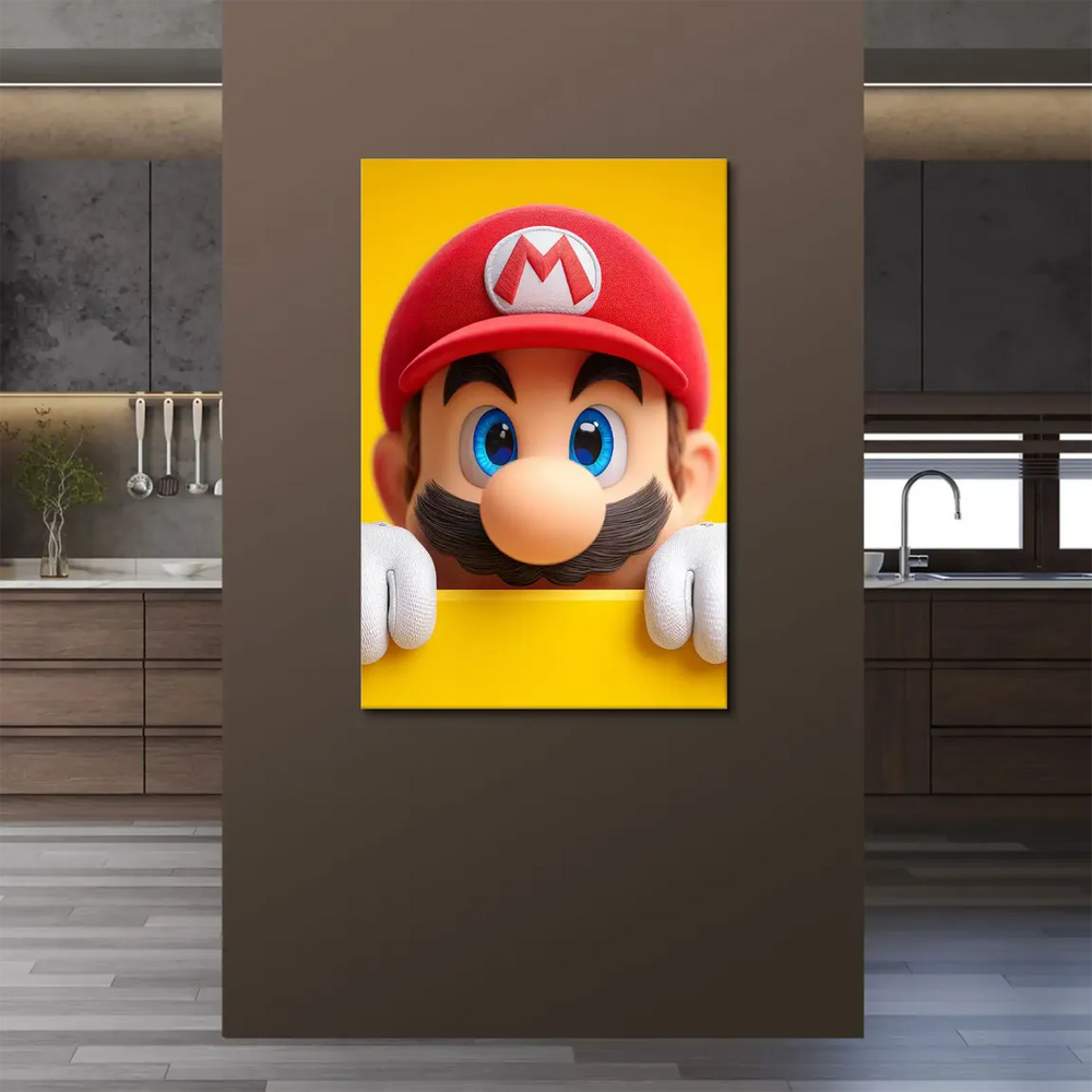 Animated-style Mario wall art featuring blue eyes, white gloves, and a bold yellow background.