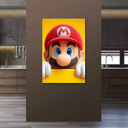 Animated-style Mario wall art featuring blue eyes, white gloves, and a bold yellow background.
