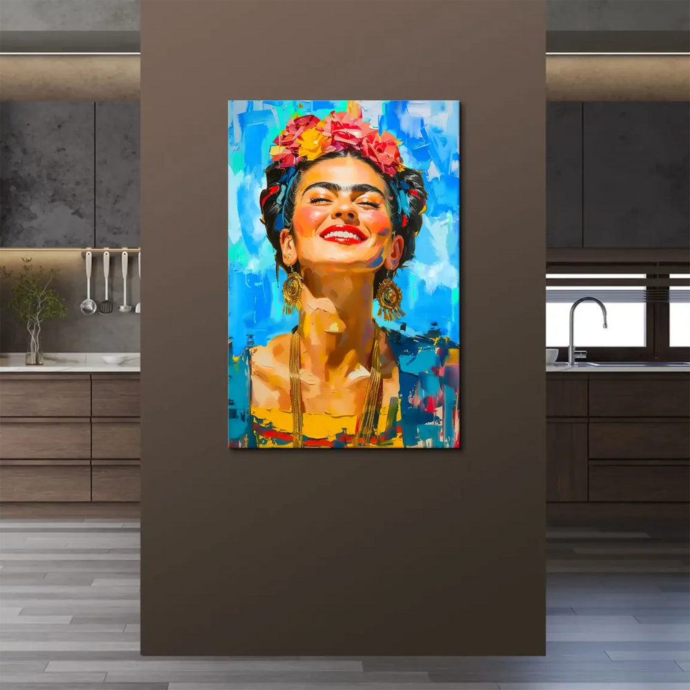Eclectic, bohemian wall art showing Frida Kahlo's radiant face.