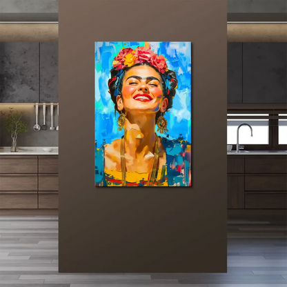 Eclectic, bohemian wall art showing Frida Kahlo's radiant face.