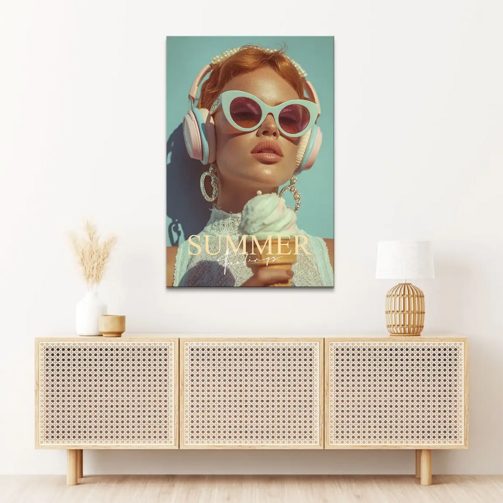 Auburn-haired woman with freckles in pearl headwear and a white textured top, styled for a modern fashion wall art piece.