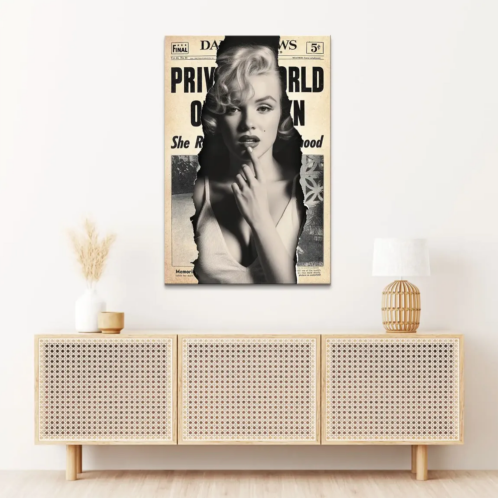 Glamorous Hollywood icon with a finger at her lips against a weathered newspaper backdrop