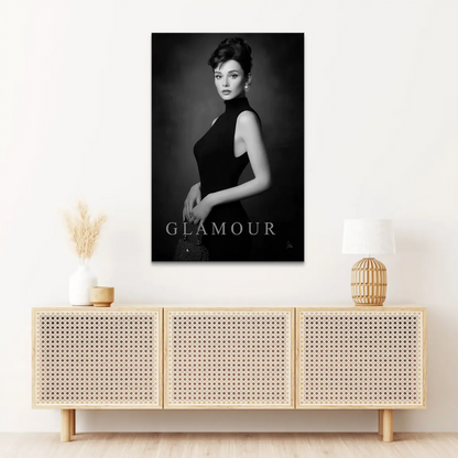 Monochrome fashion art featuring an elegant updo and pearl accessories in a vintage Hollywood style.