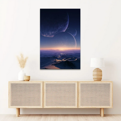 Texture-rich sci-fi landscape featuring multiple planets above snow-capped mountains.