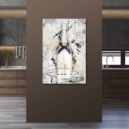 Gold paint splatters and subtle fashion typography accent a chic wall art piece.