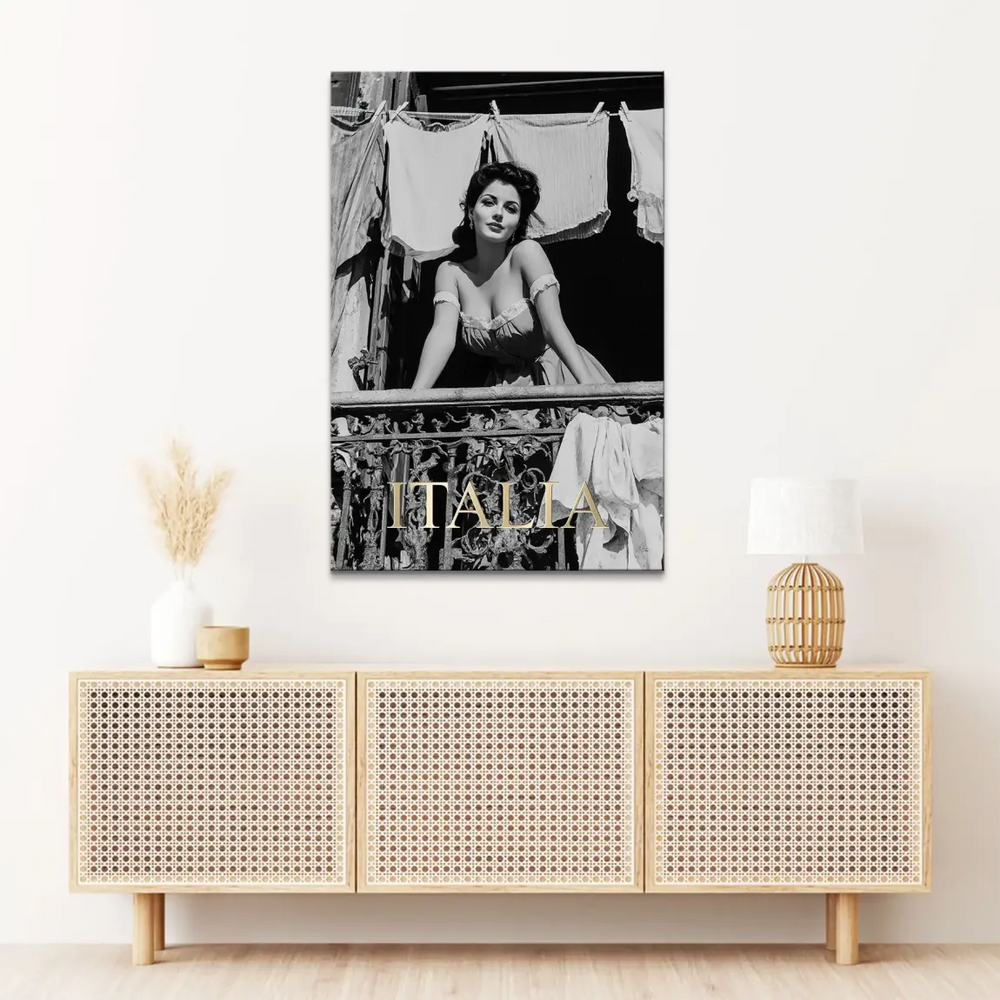 Monochrome noir-style wall art with a direct gaze