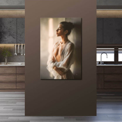 Soft beige and cream tones create an intimate, serene mood in a modern romantic portrait.
