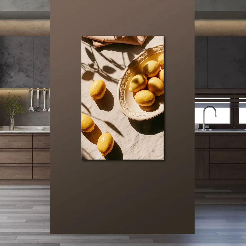 Contemporary lemon still life canvas print suitable for kitchen and dining room decor.