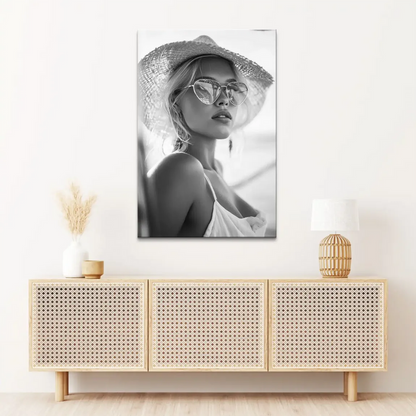 Summer Glam Noir Canvas Print - Chic Black & White Portrait in Fashion - Image 3
